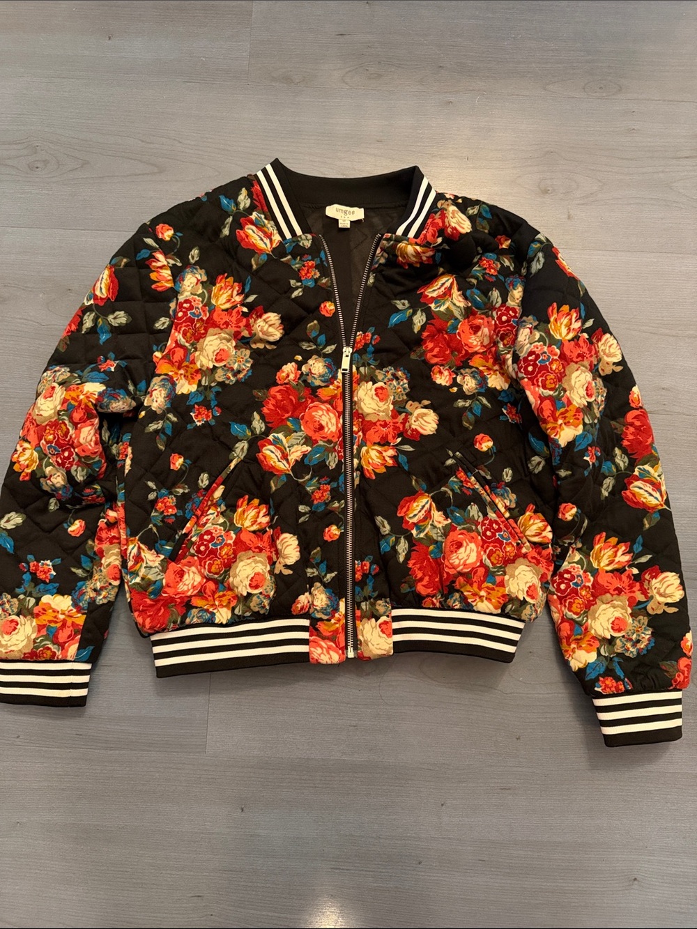 Umgee Black Quilted Floral Bomber Jacket